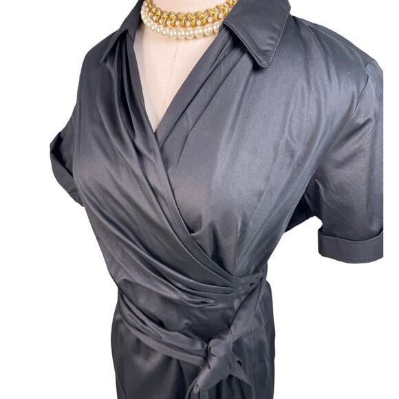 Talbots stretch sateen cotton surplice partial wrap shirt dress black size 14P - Picture 2 of 7